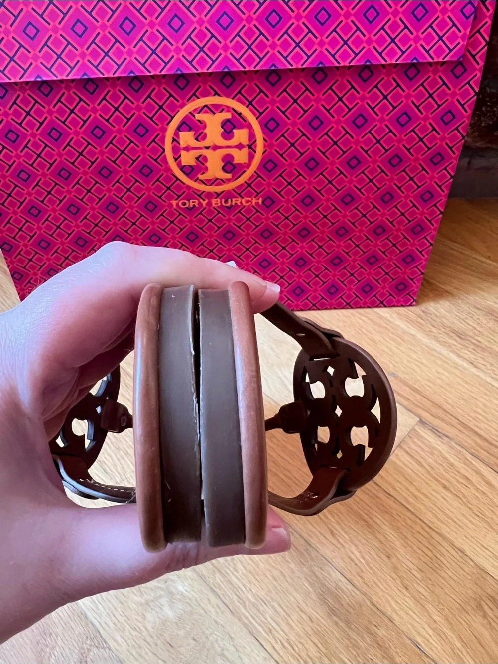 Tory Burch Vintage Vachetta Dark Tan Light Broen Leather Miller Sandals